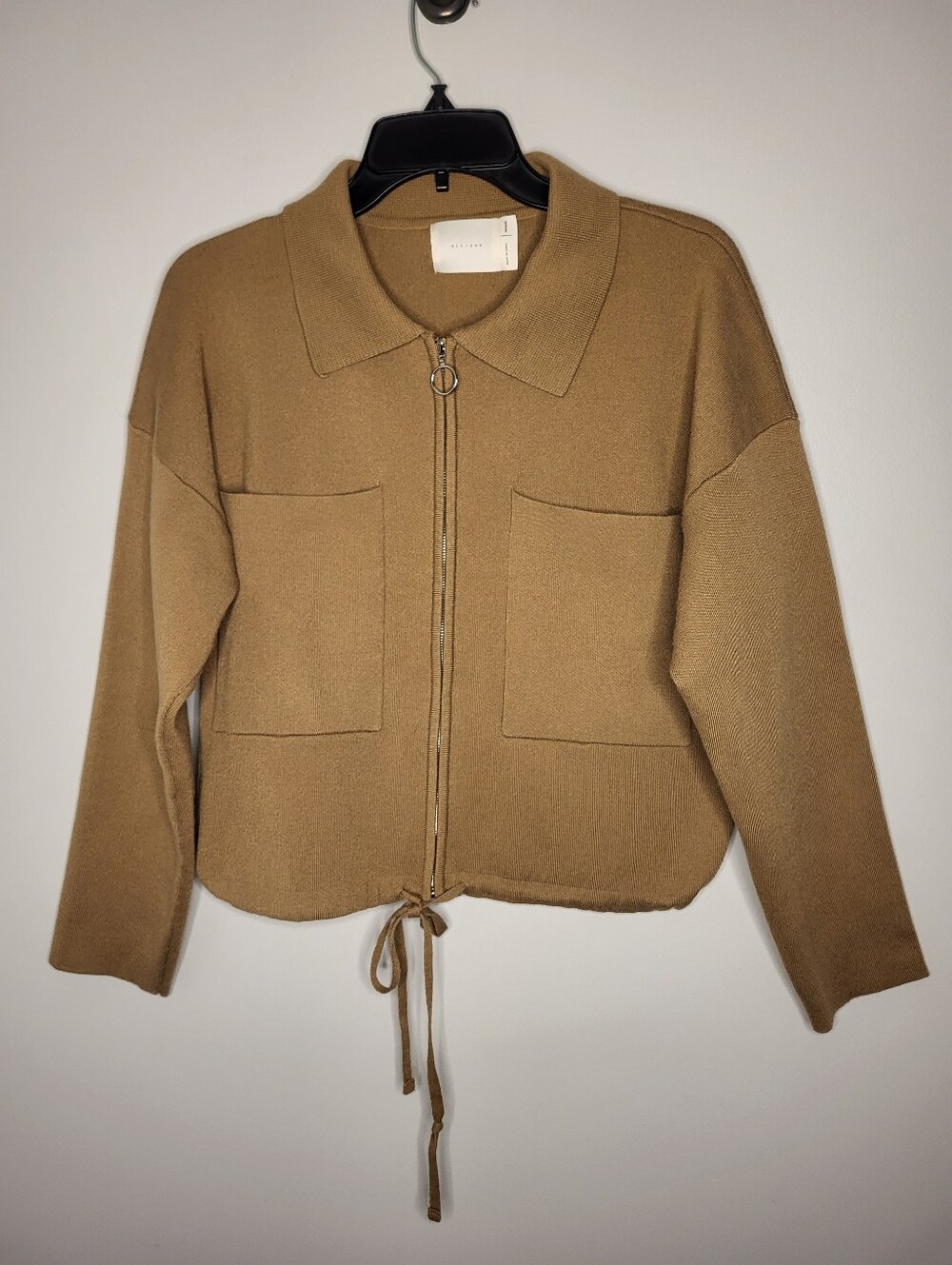 Title: all:row Camel Knit Zip Jacket Medium Collared Patch Pockets